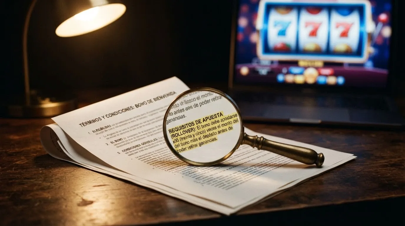 Primer plano de un documento de términos y condiciones de un casino online con una lupa sobre la cláusula del rollover, sobre un fondo de pantalla de slots