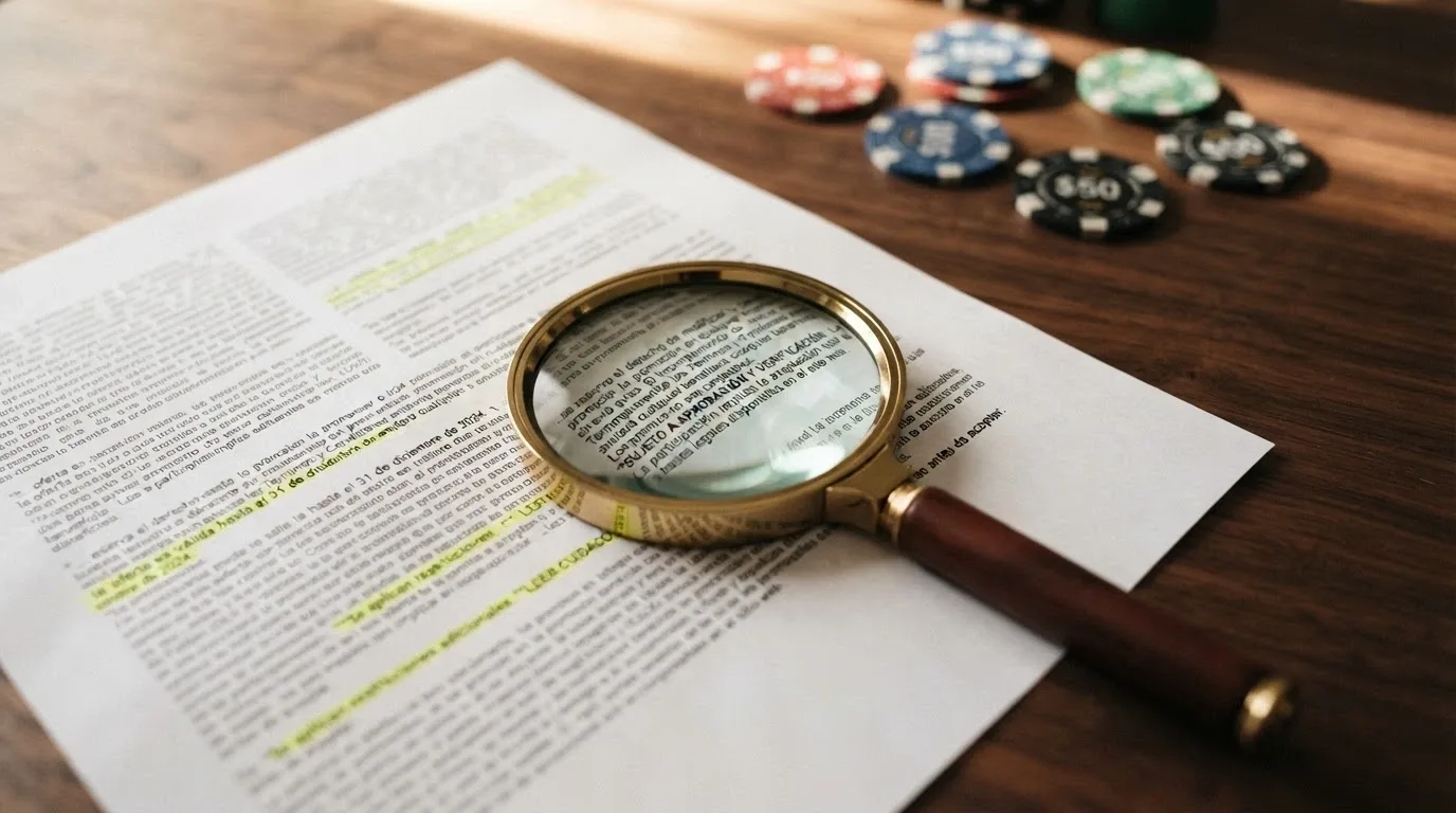 Una lupa sobre un documento con letra pequeña donde se leen palabras como «rollover», «caducidad» y «conversión máxima», con fichas de casino al fondo
