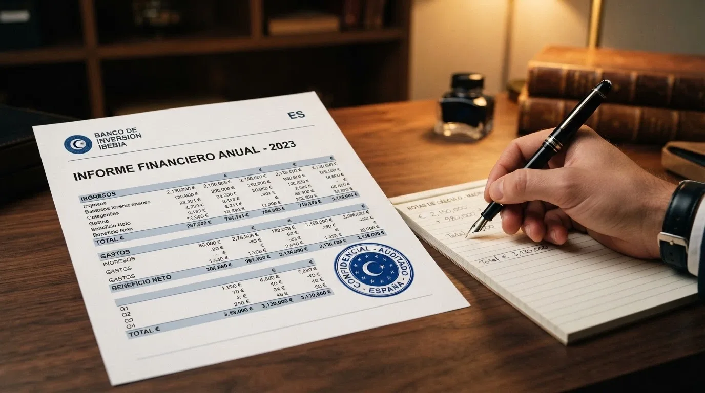 Primer plano de un documento financiero con cifras en euros, un sello oficial de las Comoras y una calculadora sobre una mesa de despacho
