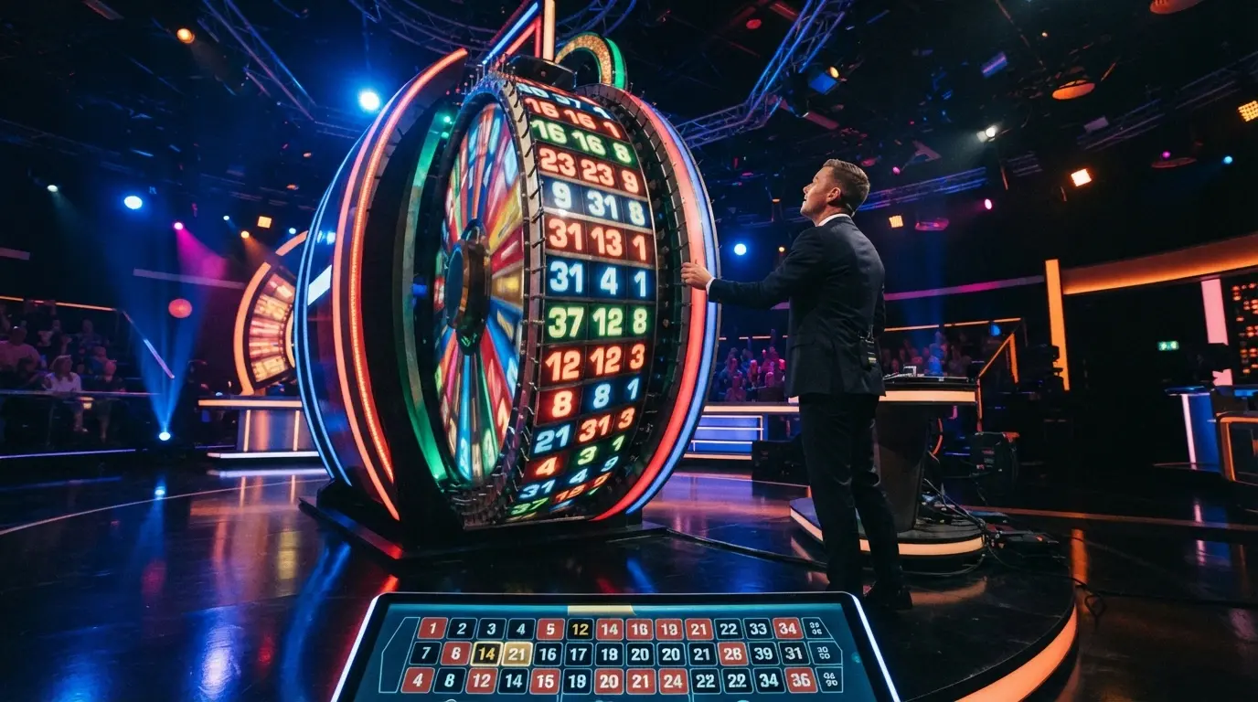 La enorme rueda de colores de Crazy Time de Evolution Gaming, con el presentador junto a ella y el panel de apuestas visible