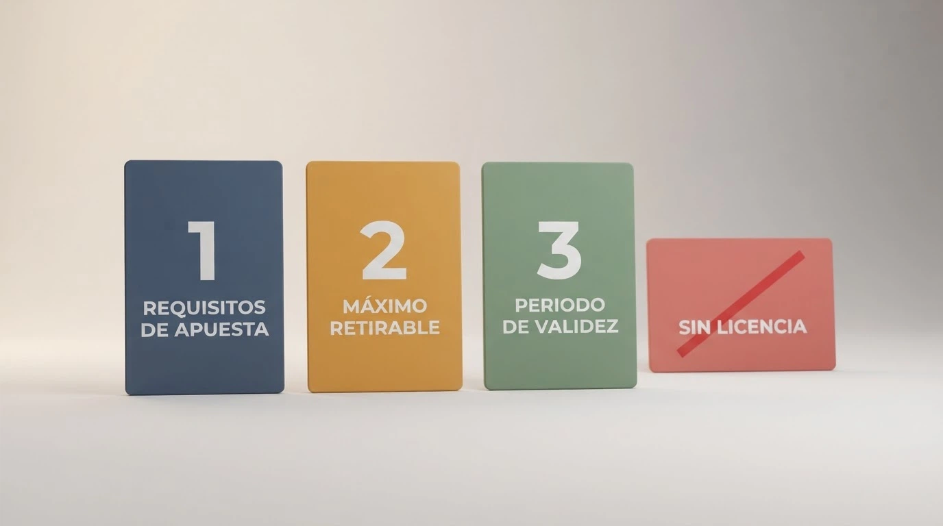 Tres tarjetas ordenadas por prioridad: wagering, máximo retirable, validez — con una cuarta tarjeta tachada que dice «sin licencia»