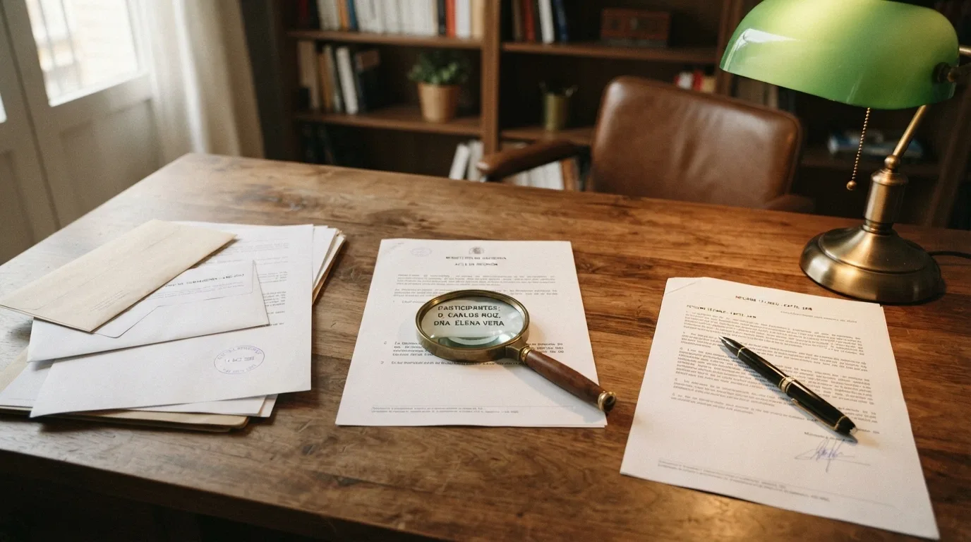 Una mesa de trabajo con documentos, una lupa y las licencias de la DGOJ visibles, representando el proceso de evaluación