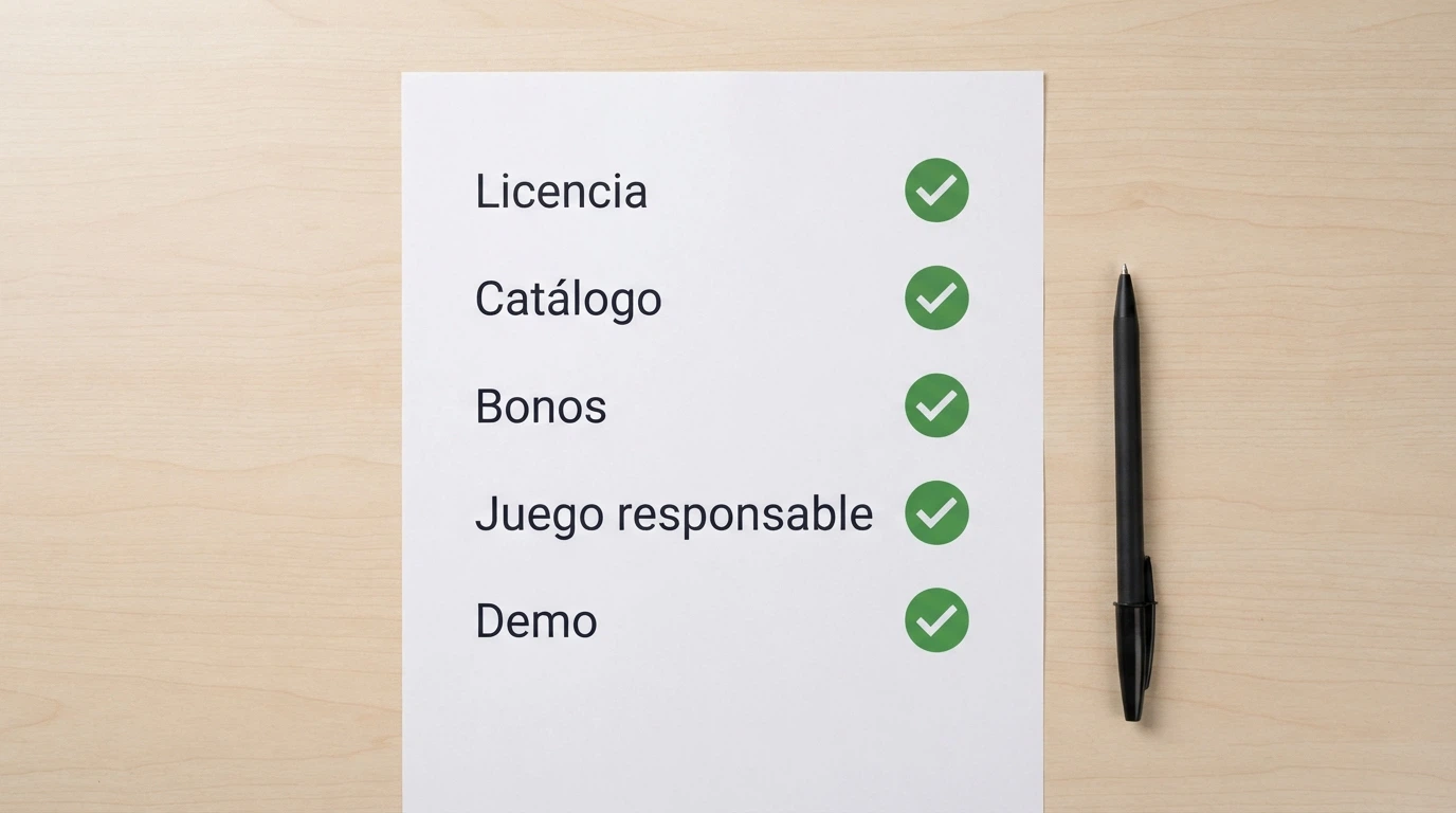Lista de verificación con cinco criterios de evaluación — licencia, catálogo, bonos, herramientas de juego responsable y modo demo — marcados con un tick verde