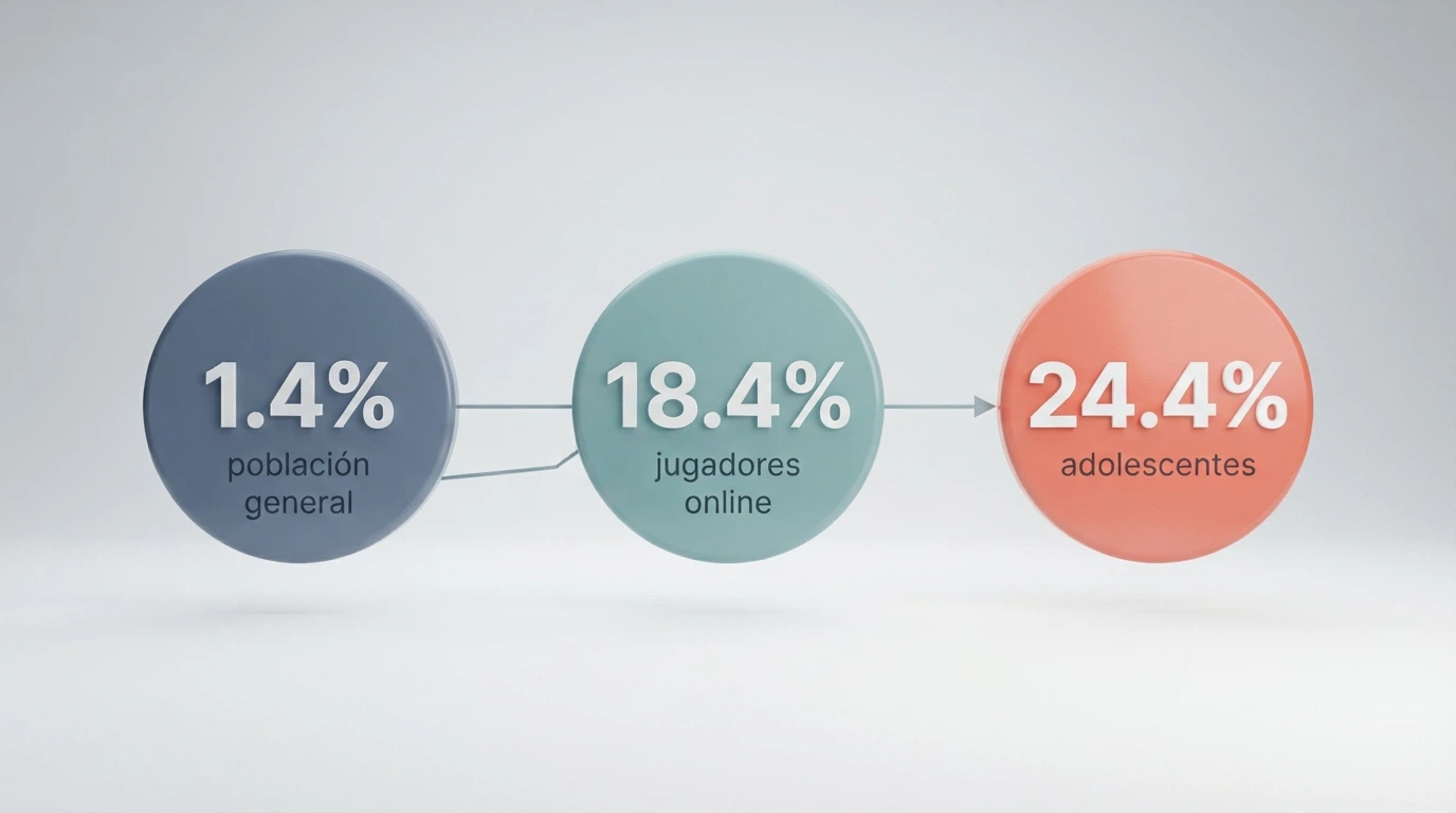 Infografía sencilla con los porcentajes clave: 1,4 % población, 18,4 % jugadores online, 24,4 % adolescentes