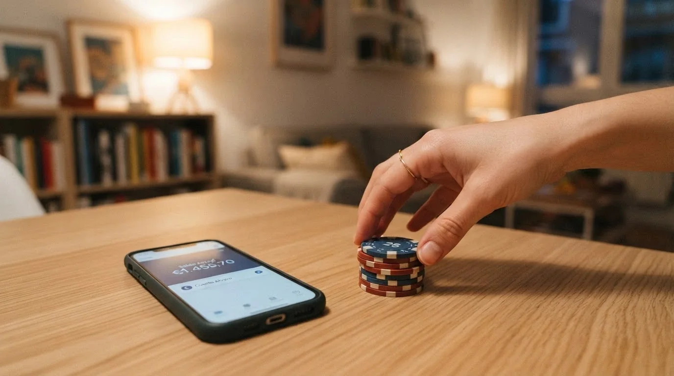 Una mano retirando unas fichas de casino de la mesa mientras otra sostiene un teléfono con la pantalla de una cuenta de casino, en un entorno doméstico iluminado