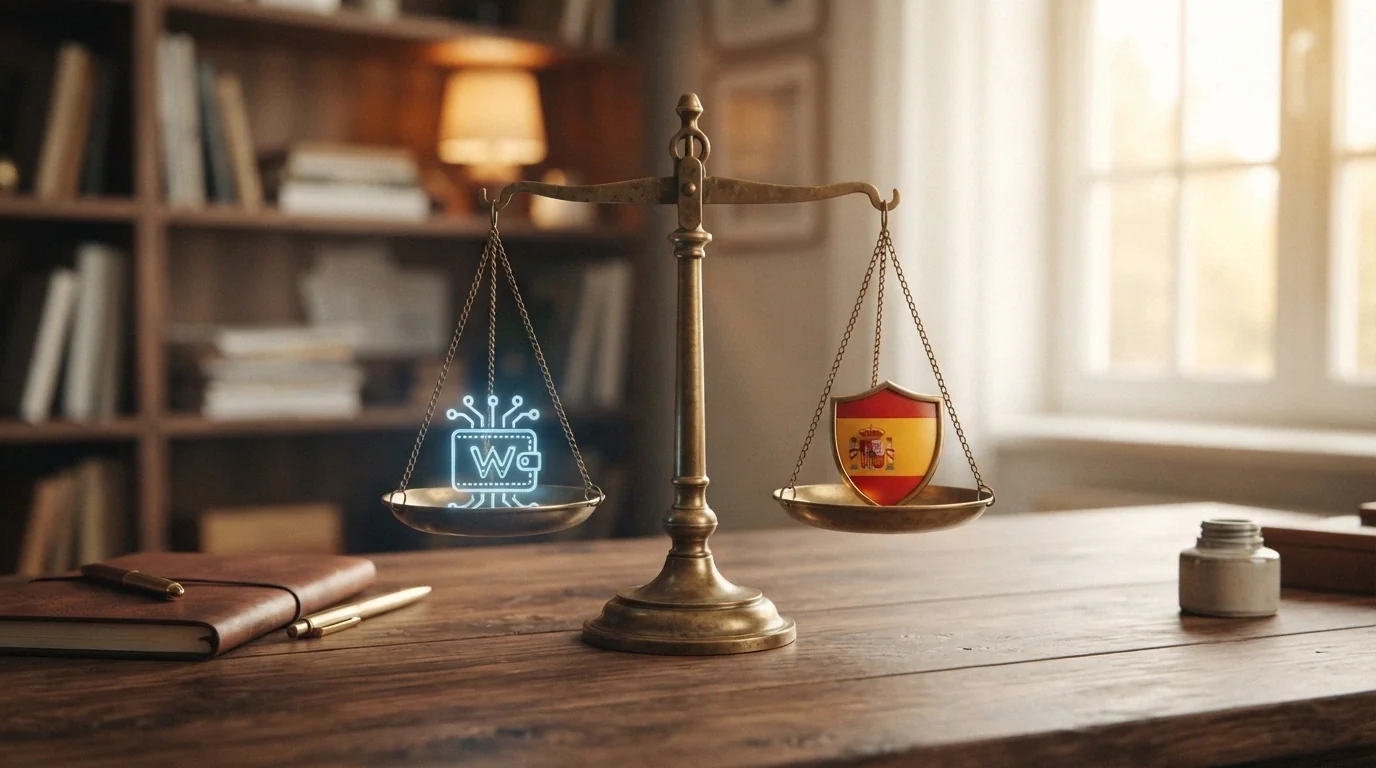 Balanza con una wallet de criptomonedas en un platillo y un escudo con la bandera de España en el otro