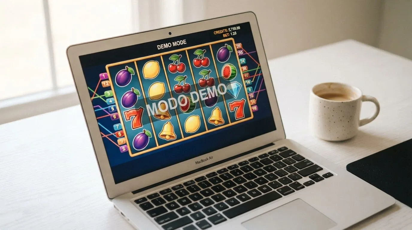 Modo demo de una tragaperras de Hacksaw Gaming con el saldo ficticio en la esquina superior y la etiqueta «modo demo» superpuesta sobre los carretes