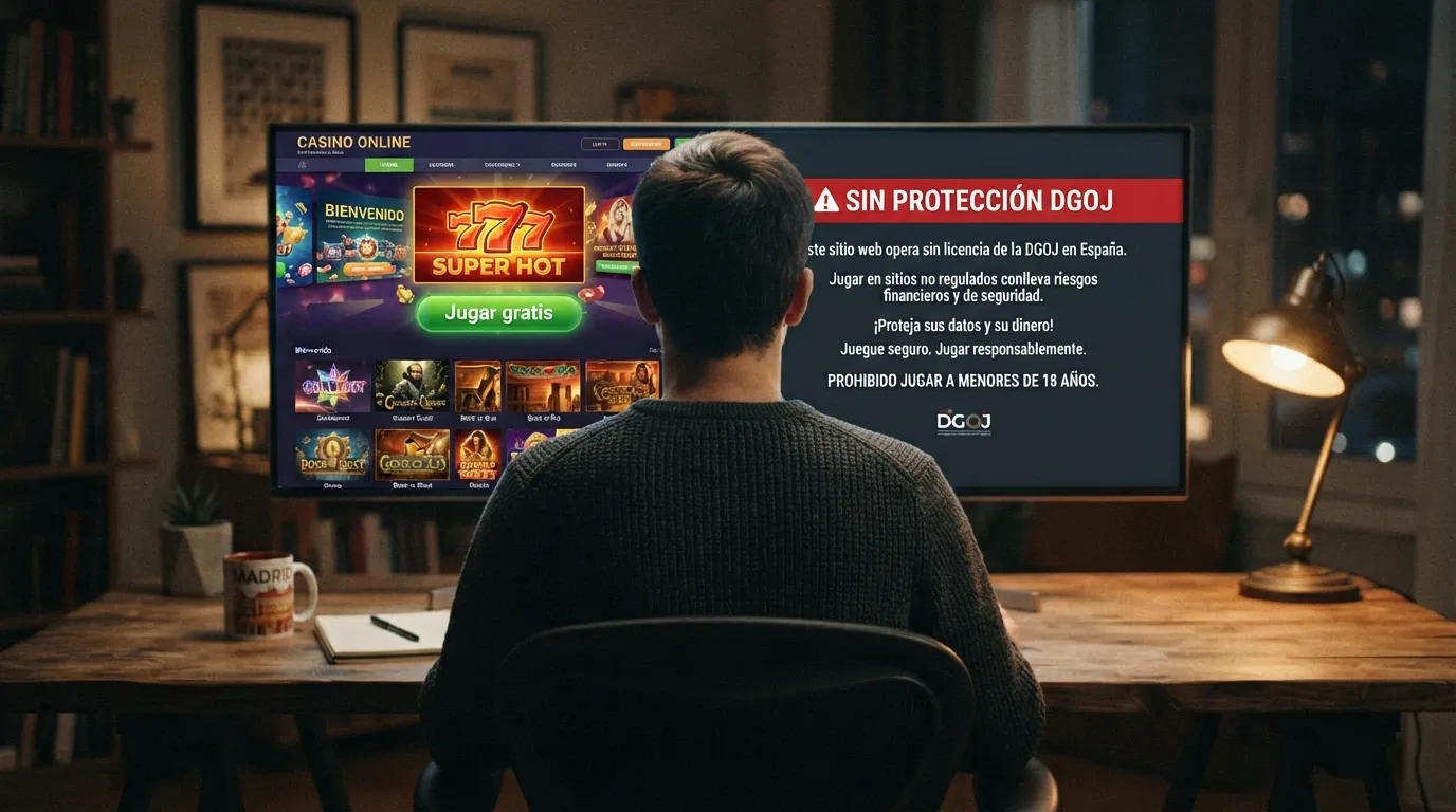 Un jugador ante una pantalla dividida: a la izquierda un casino con dominio .es en modo demo, a la derecha un sitio offshore con un aviso de «sin protección DGOJ».