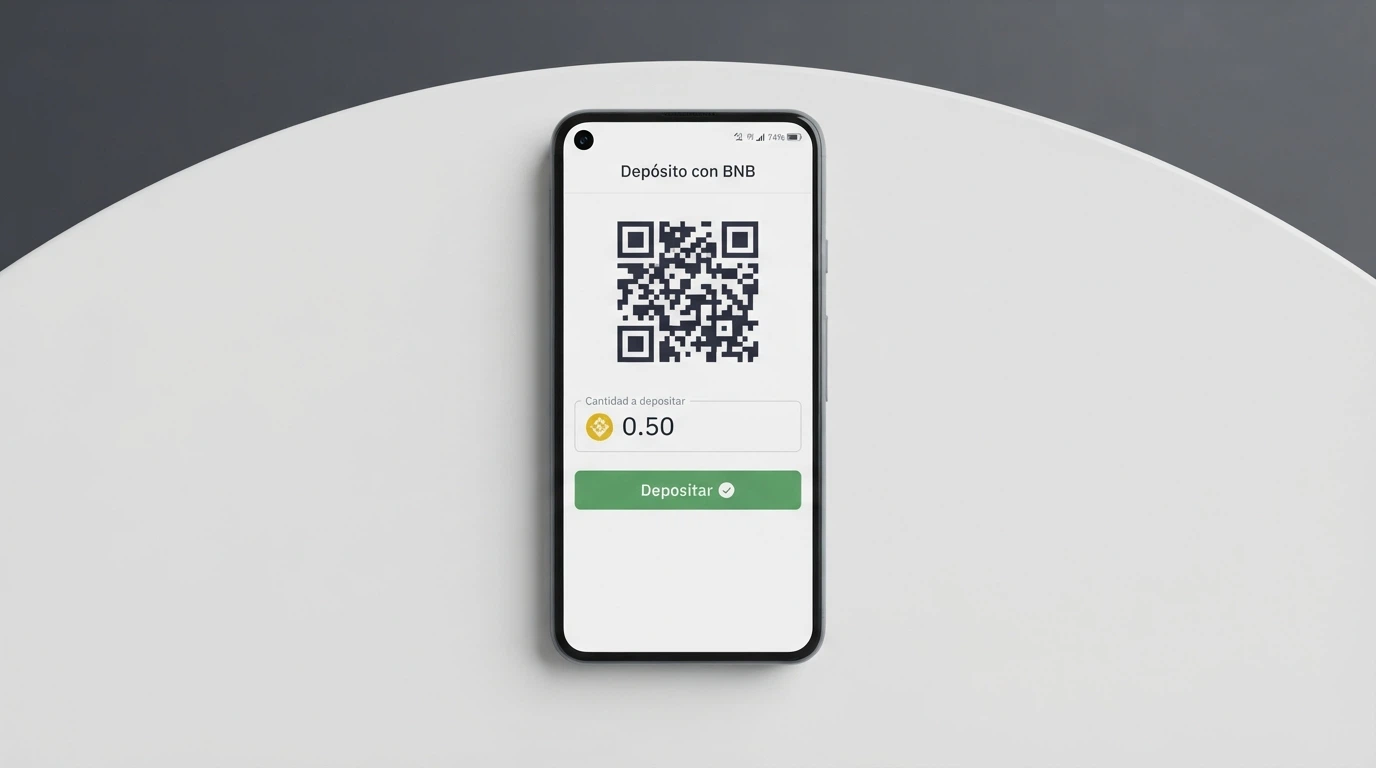 Interfaz de depósito con la opción Binance Coin, un código QR y el campo de importe en BNB