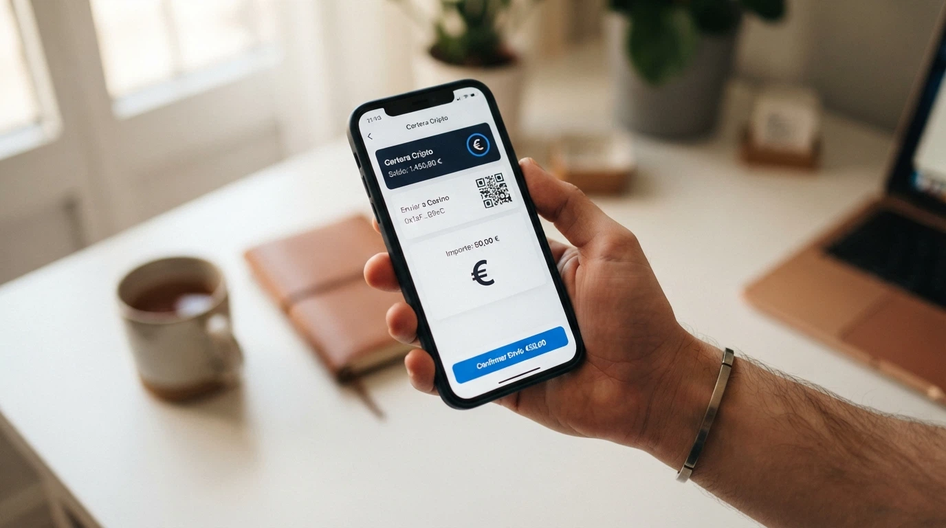 Un teléfono mostrando un monedero de criptomonedas junto a una pantalla de casino online con el saldo en BCH