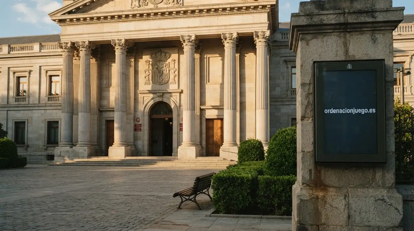 Fachada del Ministerio de Derechos Sociales, Consumo y Agenda 2030 con el logotipo de la DGOJ y las palabras «ordenacionjuego.es» visibles.