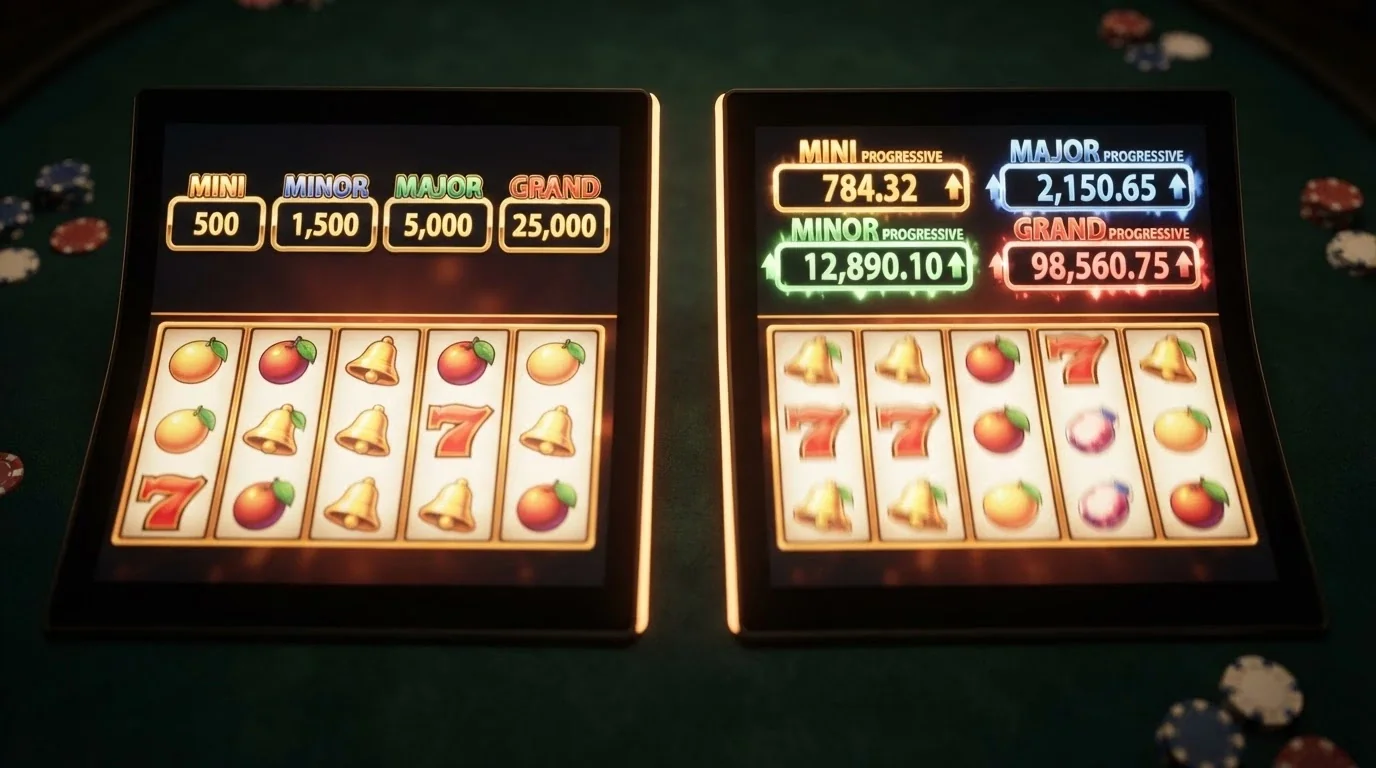 Dos pantallas de tragaperras comparadas: una Fire Blaze base con botes fijos y una Mega Fire Blaze con botes progresivos