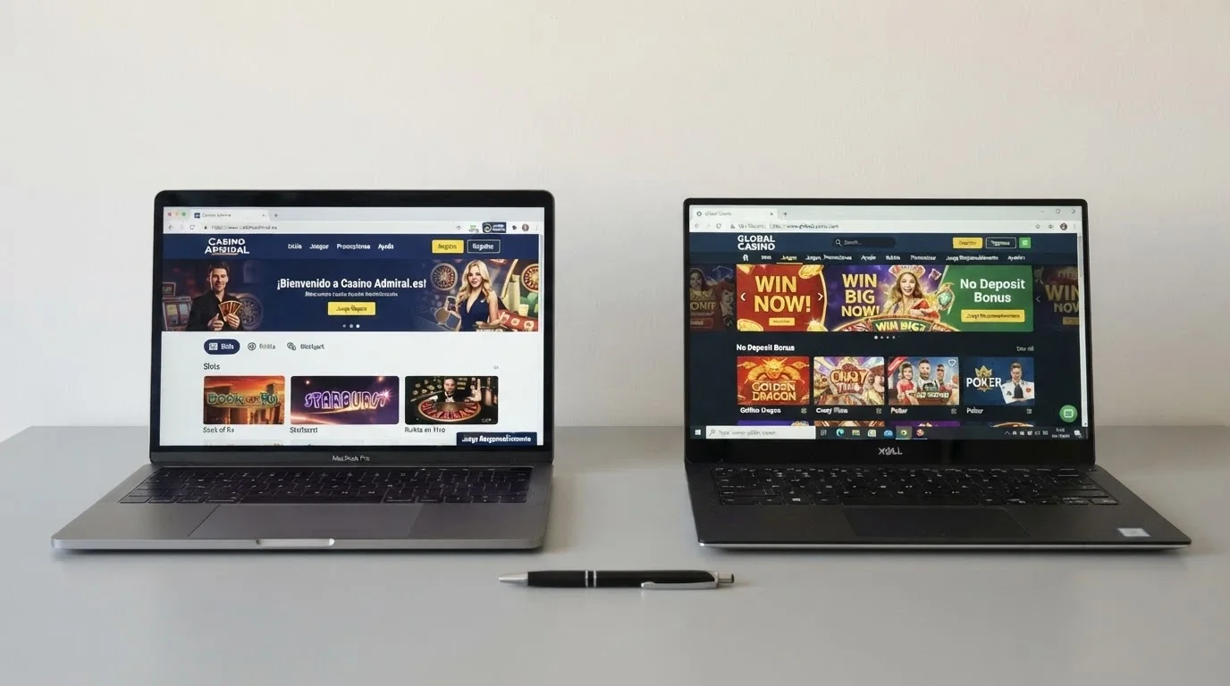 Dos pantallas contrapuestas: un casino con dominio .es mostrando el sello DGOJ y otro con dominio .com sin identificación legal