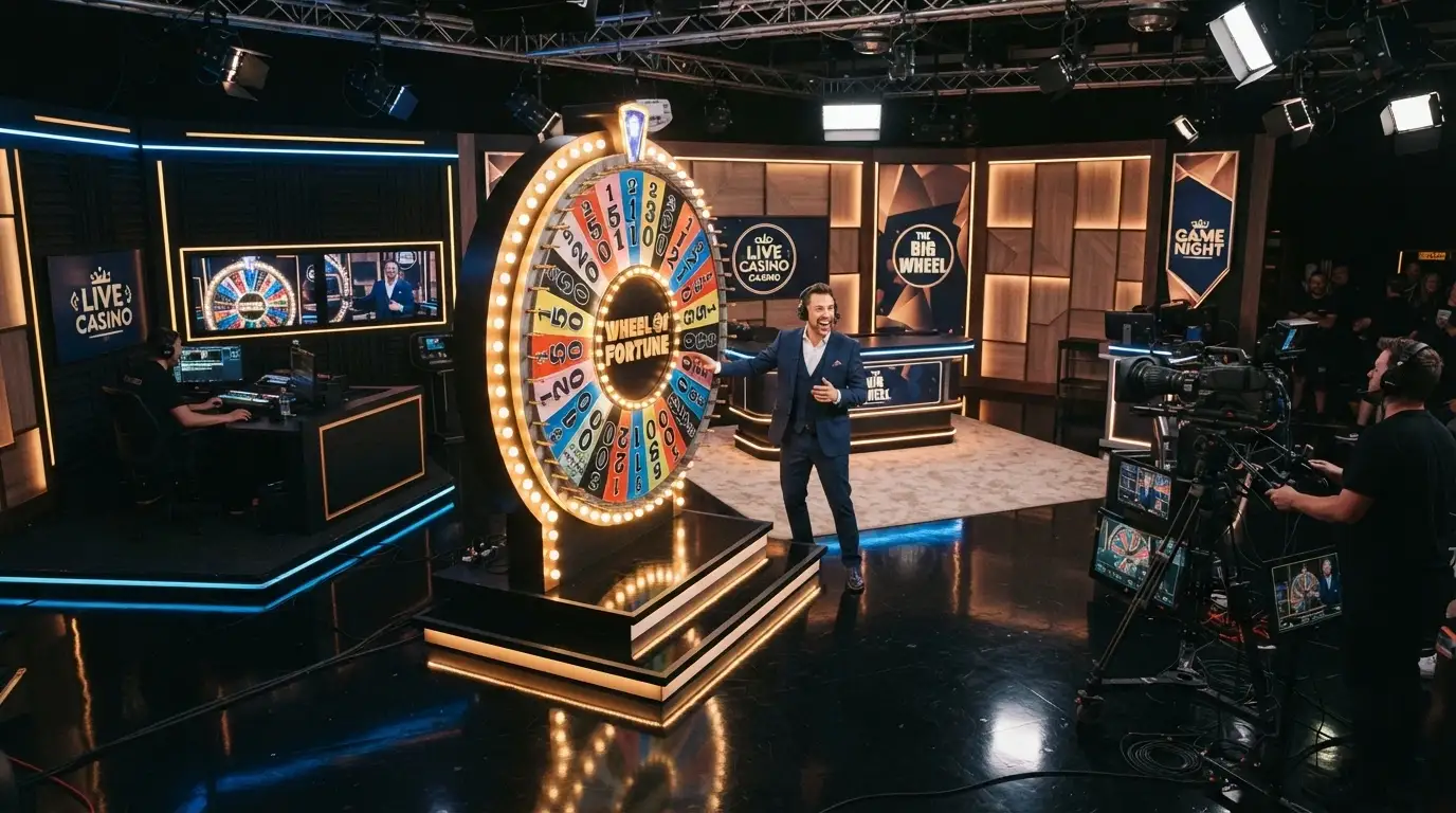 Presentador de Crazy Time frente a la rueda de 54 segmentos en el estudio de Evolution