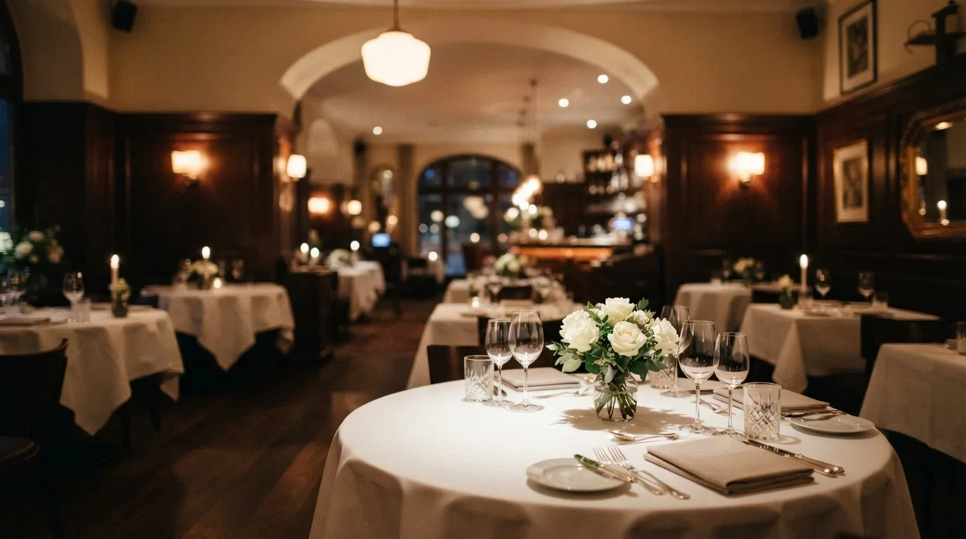 Interior del restaurante del Casino Barcelona con mesas preparadas y vista al salón principal