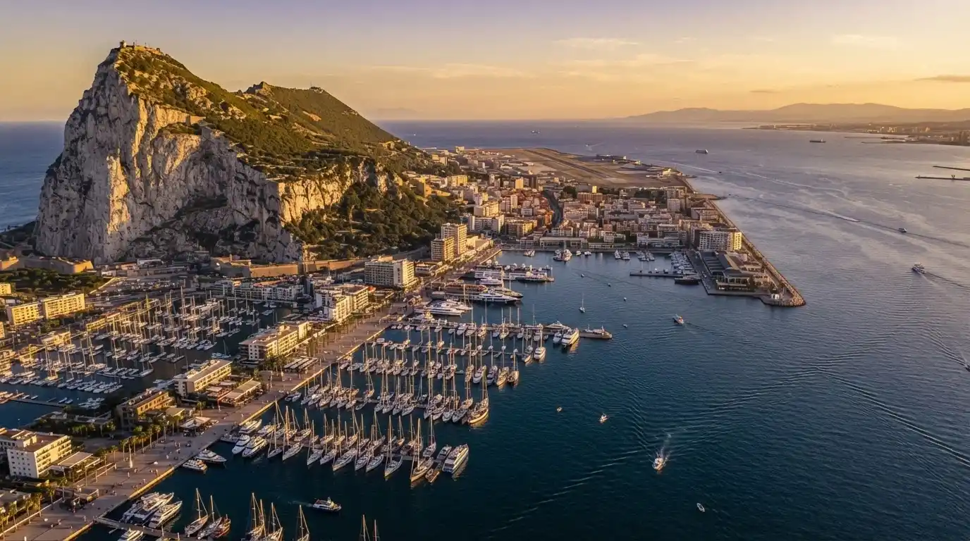 Vista aérea del puerto de Gibraltar con el Peñón al fondo bajo luz de tarde