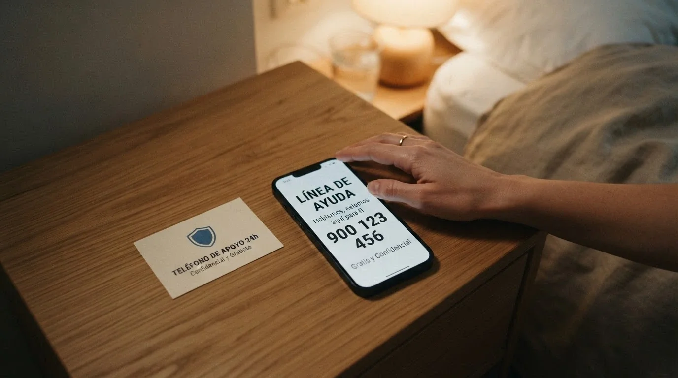 Teléfono móvil con el número 900 200 225 en la pantalla y una mano apoyada sobre el dispositivo, junto a una tarjeta con el logotipo de FEJAR.