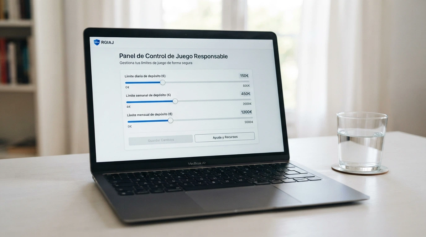 Interfaz del panel de control de juego responsable de un casino online mostrando los deslizadores de límite de depósito diario, semanal y mensual, junto al logo del RGIAJ