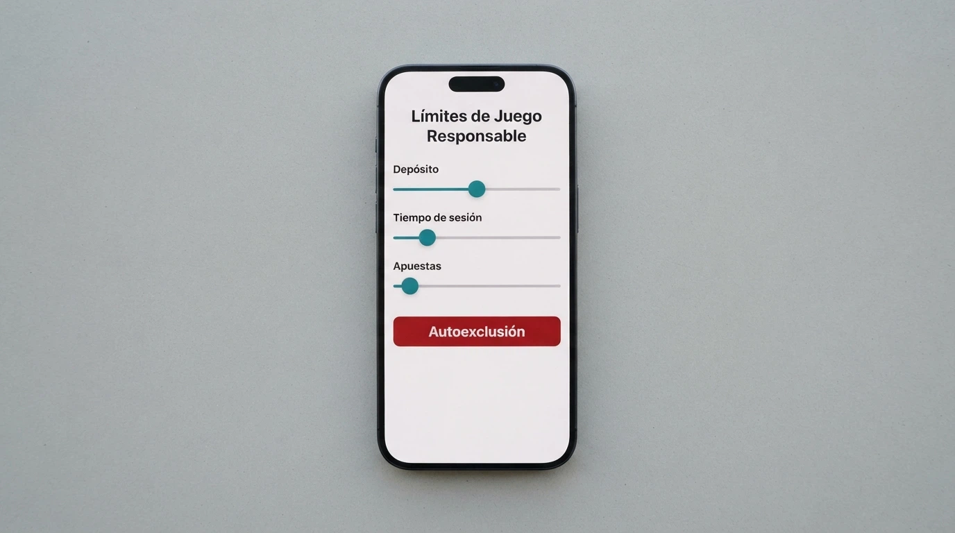 Un panel de control de juego responsable en un casino online con controles deslizantes de límite de depósito, tiempo de sesión y un botón de autoexclusión