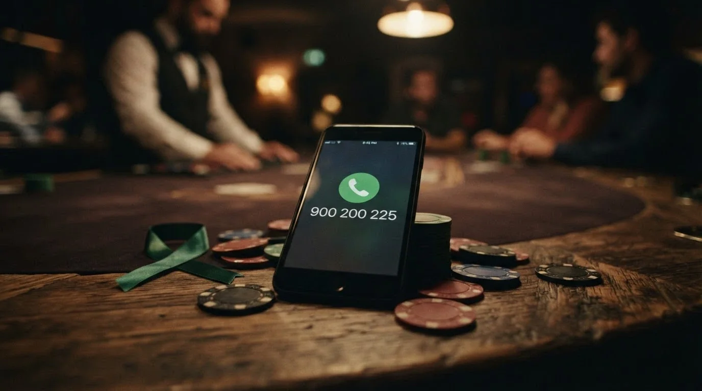 Teléfono móvil marcando un número de ayuda sobre un fondo con fichas de casino y un lazo verde