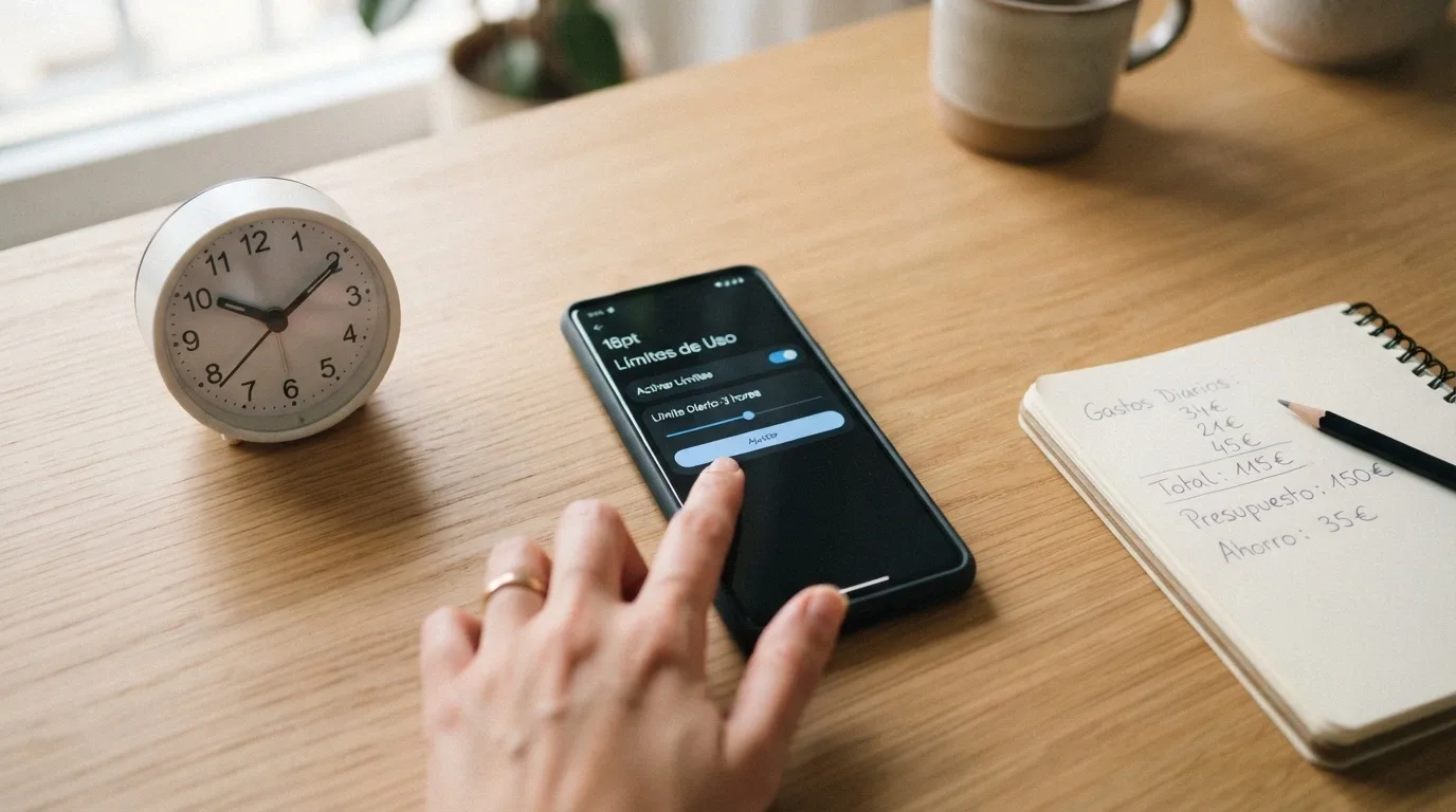 Un teléfono mostrando la pantalla de configuración de límites de depósito de un casino, junto a un reloj y una calculadora sobre una mesa