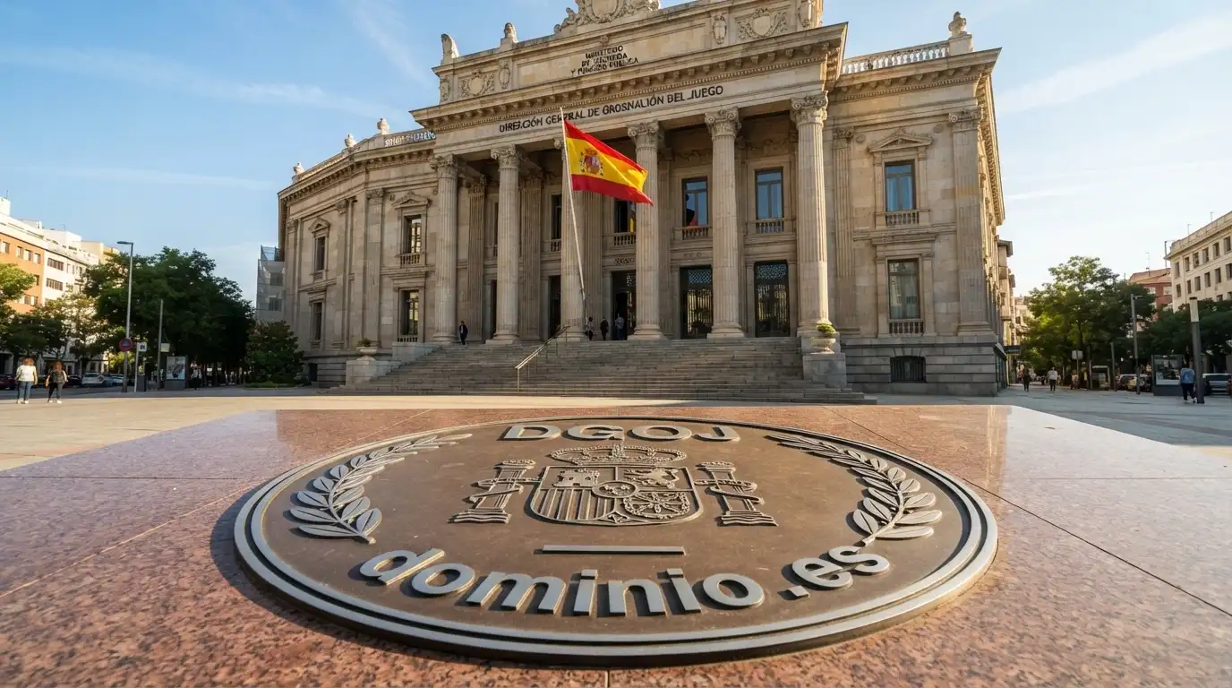 El edificio de un organismo regulador con la bandera de España y un sello oficial que dice «DGOJ — dominio .es» en primer plano