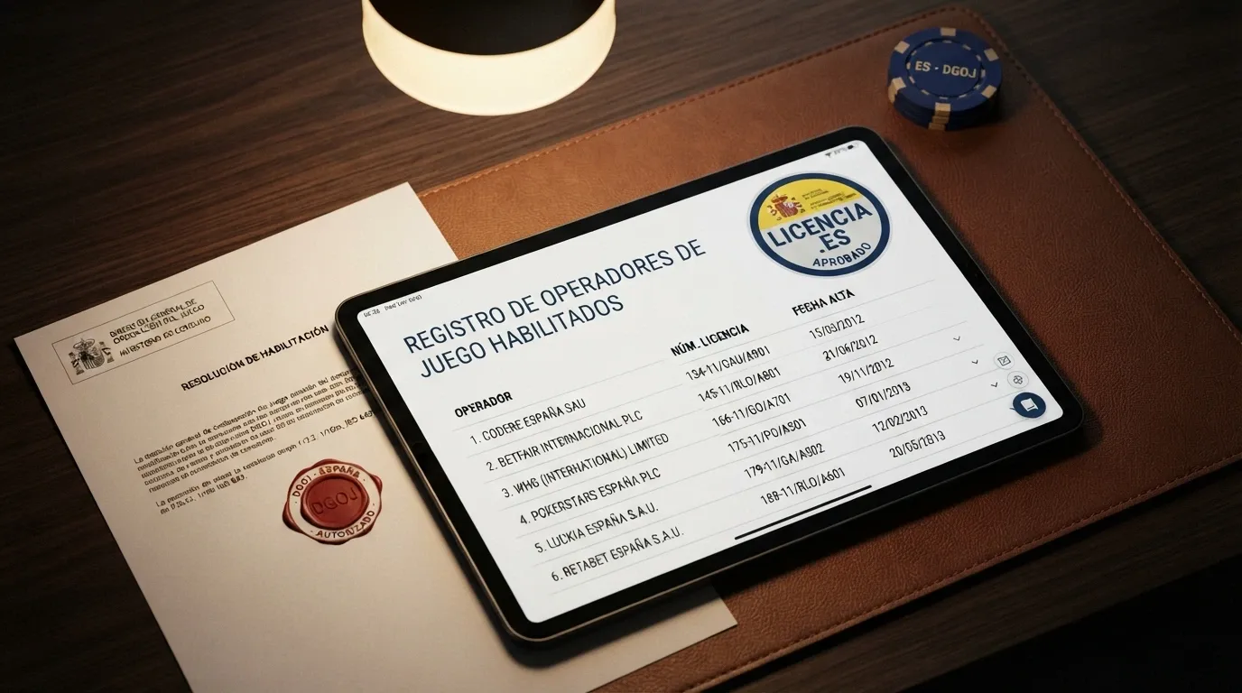 Pantalla con el sitio web de la DGOJ mostrando el registro público de operadores con licencia, con un sello «.es» resaltado en la esquina