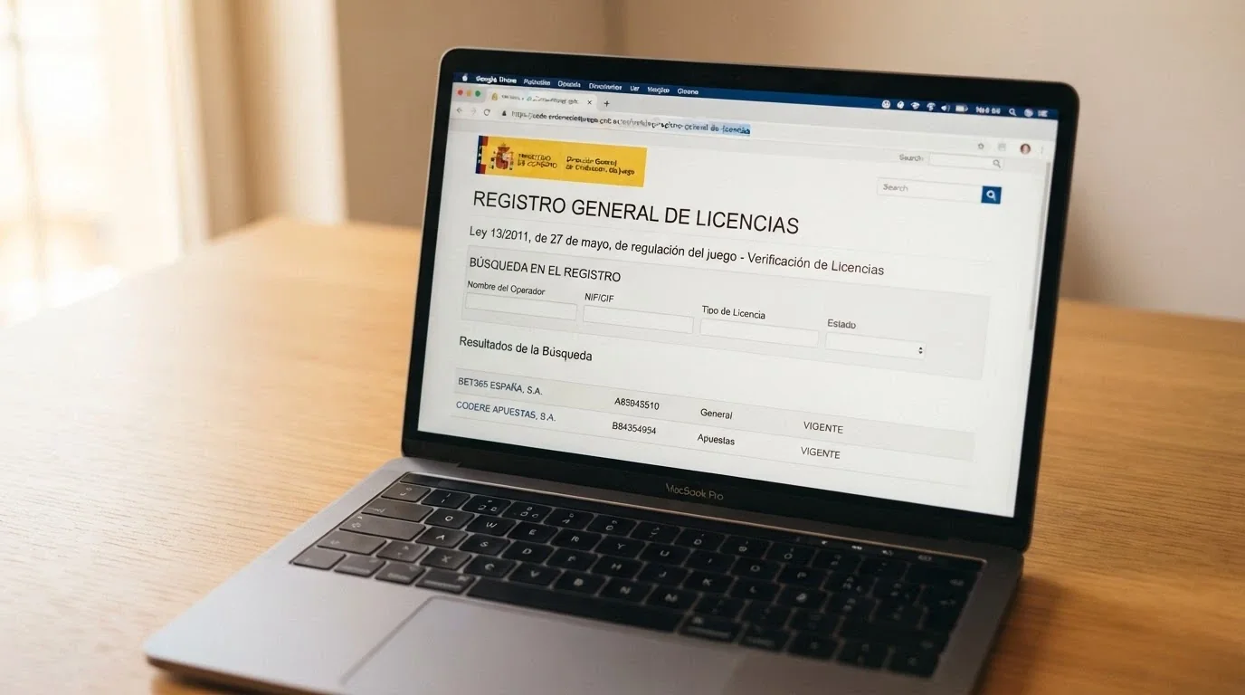 El logotipo de la DGOJ junto a un dominio .es destacado sobre la pantalla de un ordenador, con el texto «Ley 13/2011» visible