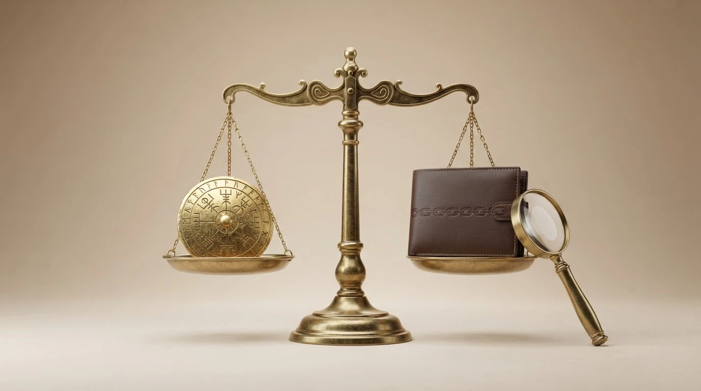 Balanza con el escudo de España y una cartera de criptomonedas en cada platillo, una lupa sobre un texto legal