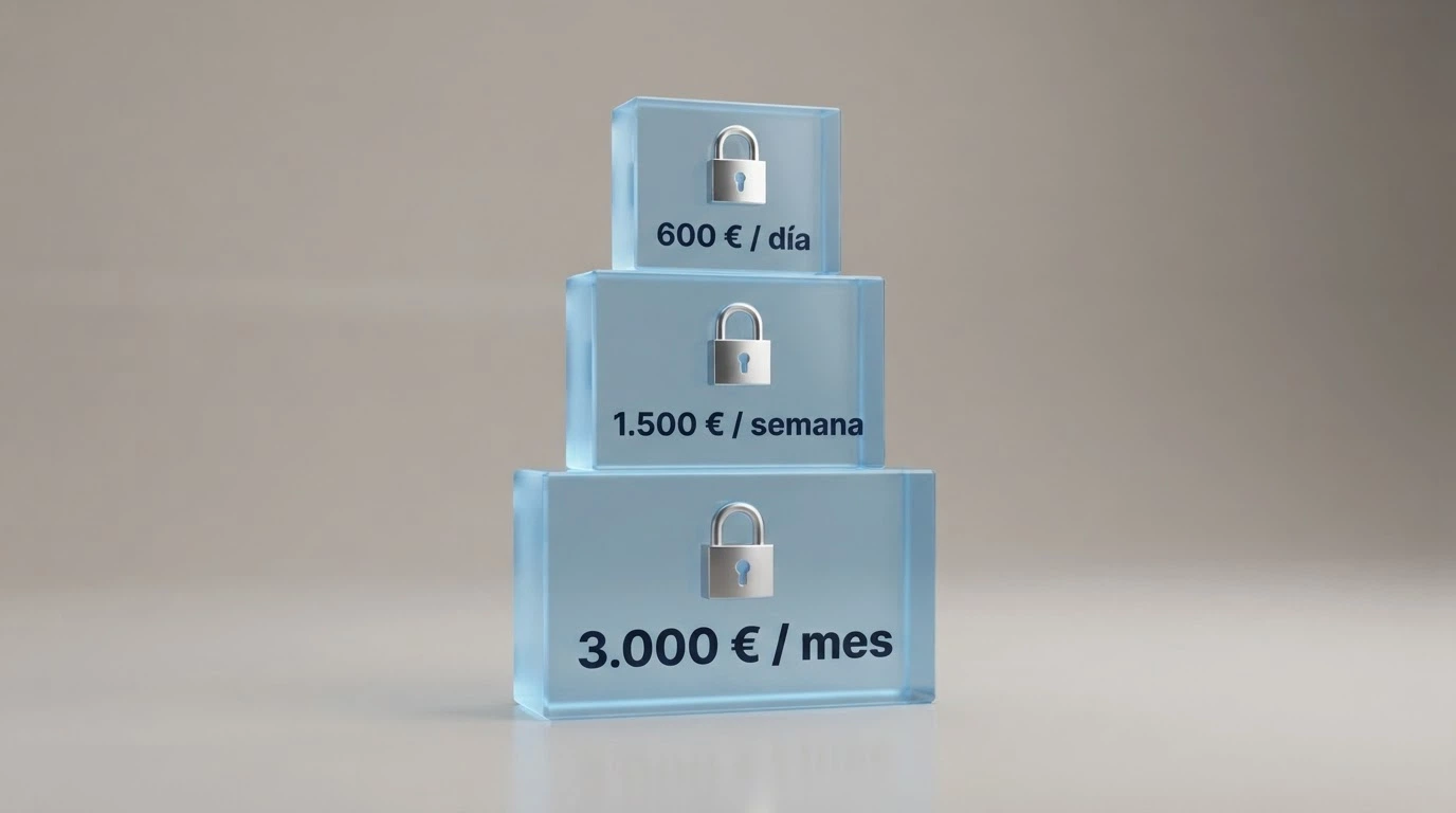 Infografía con tres bloques apilados: 600 € (día), 1.500 € (semana), 3.000 € (mes), cada uno con un candado que se cierra al alcanzar la cifra