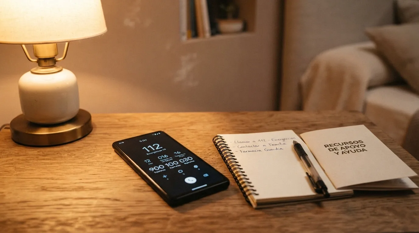 Teléfono fijo con el auricular descolgado sobre una libreta donde se leen los números 900 200 225, 900 200 008 y 717 003 717, junto a un folleto de FEJAR