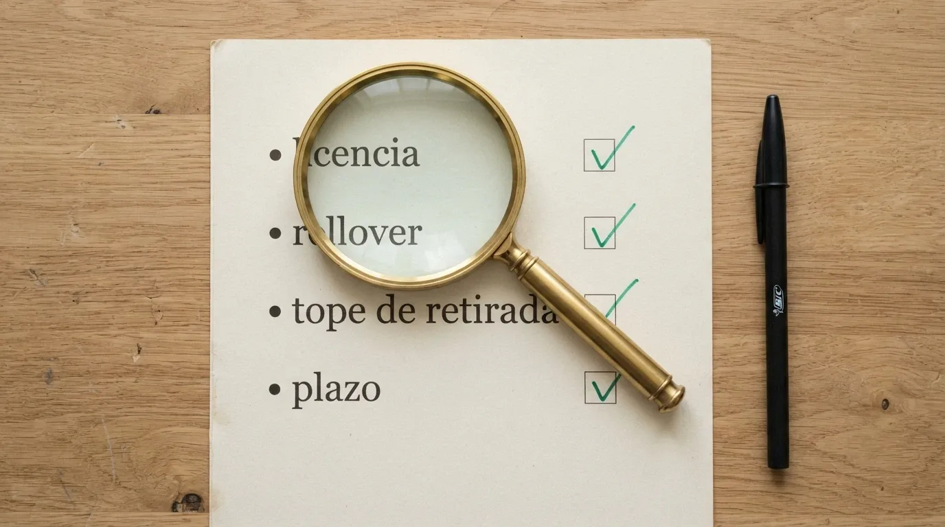Una lupa sobre una lista de criterios — licencia, rollover, tope de retirada, plazo — con marcas de verificación junto a cada uno