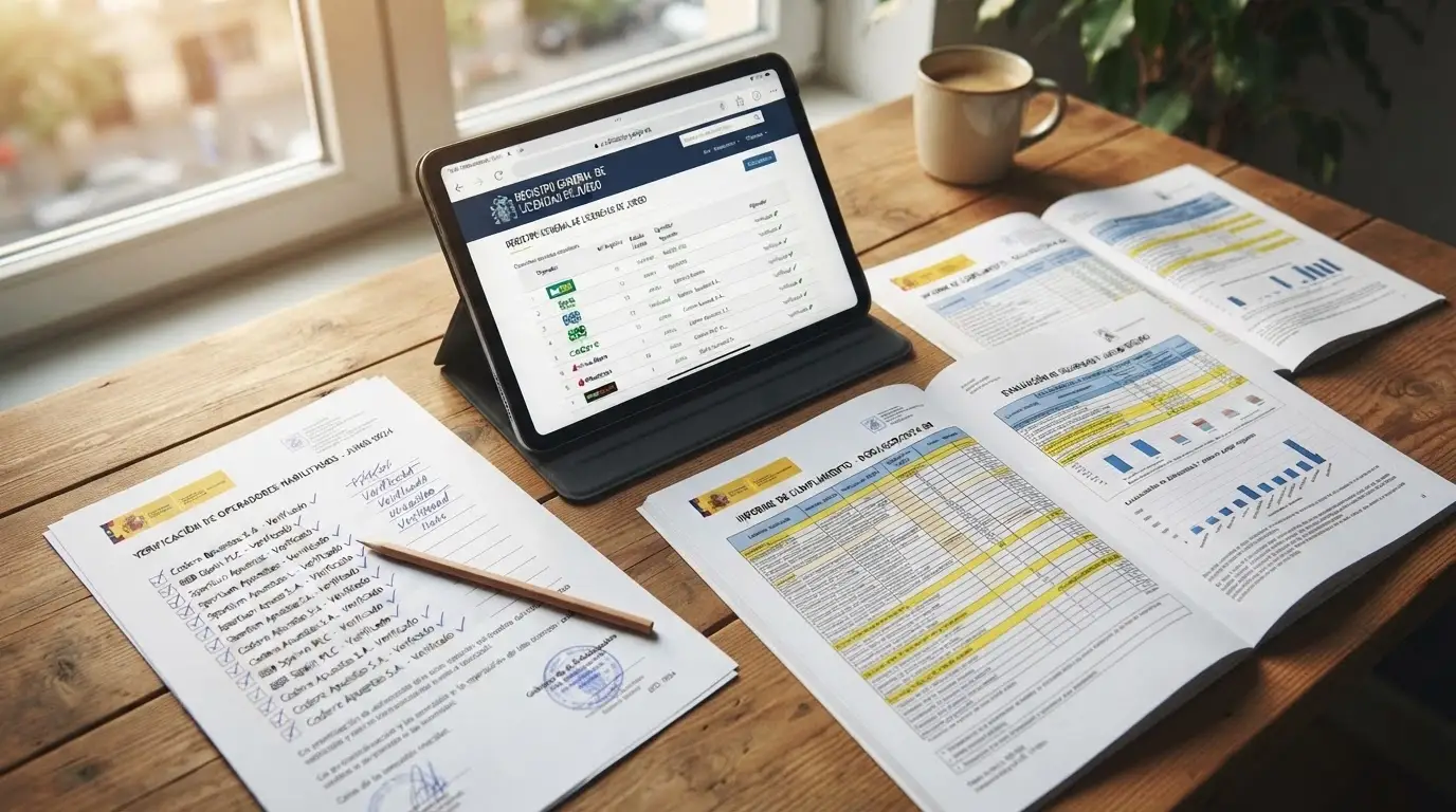 Escritorio de trabajo con una lista de verificación, una tableta mostrando el registro de la DGOJ en ordenacionjuego.es y varios informes abiertos