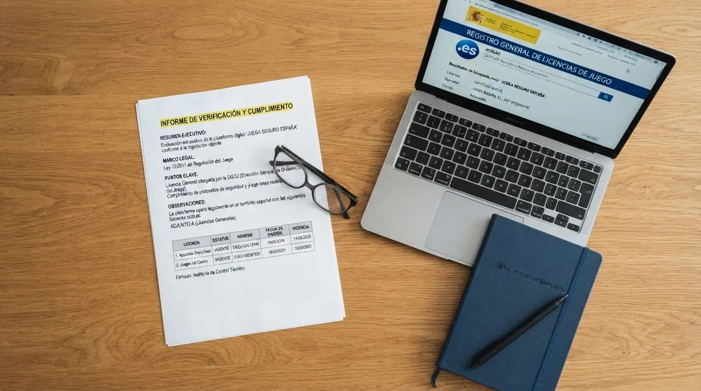 Un escritorio con documentos de investigación, el BOE abierto en una página y la web ordenacionjuego.es visible en una pantalla