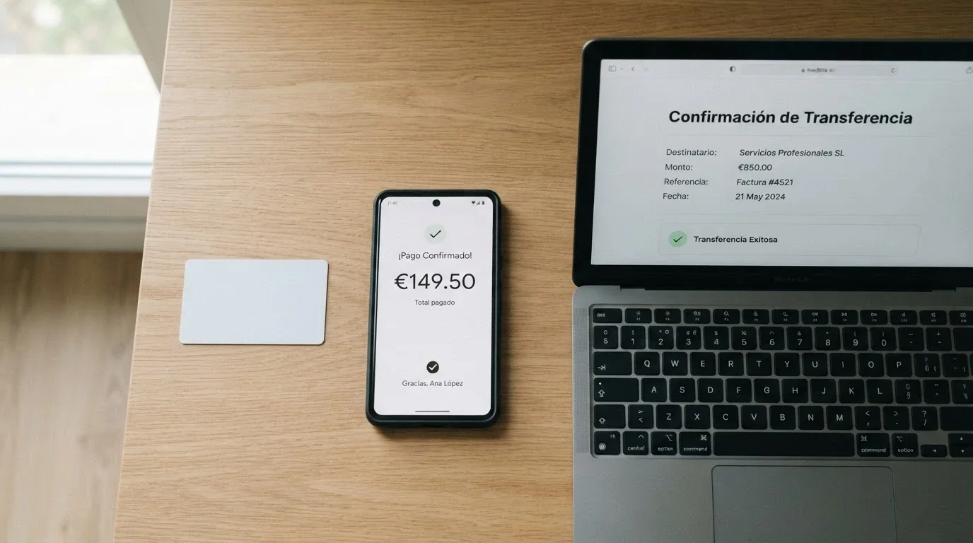 Un primer plano de una tarjeta bancaria, un teléfono con la app de Bizum abierta y un ordenador con una pantalla de transferencia, dispuestos sobre una mesa
