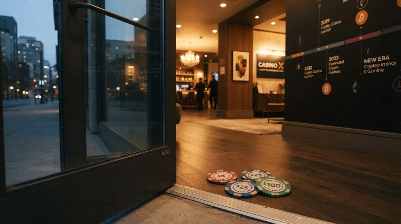 Una puerta abierta con el logo de Bitcoin Cash y varias fichas de casino entrando, sobre fondo de calendario