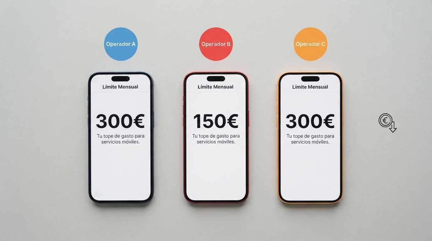Los logotipos de Movistar, Vodafone y Orange junto a un icono de facturación móvil y el texto de los límites mensuales