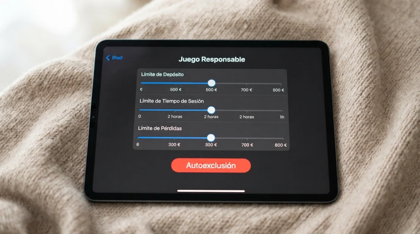 Panel de control de juego responsable de un casino online español con deslizadores para límite de depósito, tiempo de sesión y botón de autoexclusión