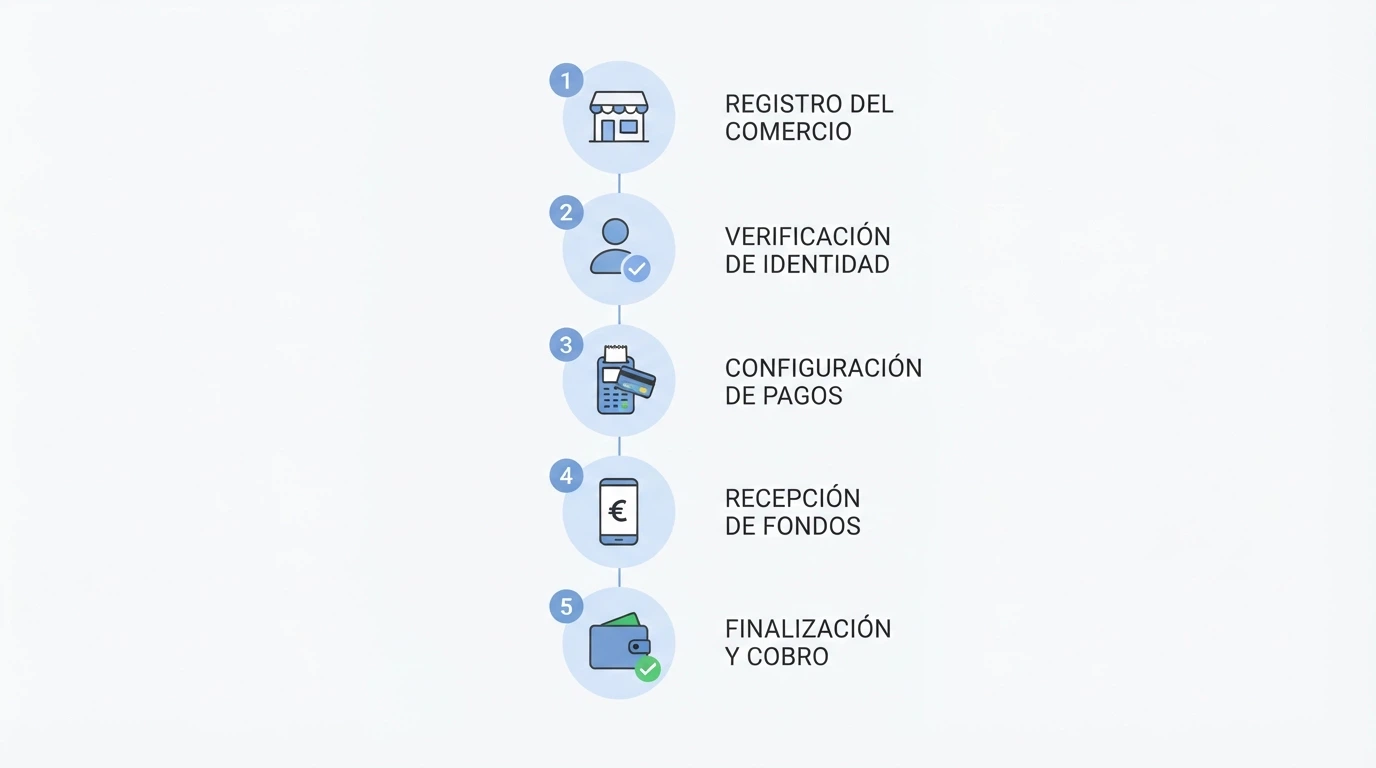 Infografía de cinco pasos numerados con iconos: elegir casino, registrarse, seleccionar Bizum en cajero, confirmar importe en la app bancaria y saldo disponible en la cuenta de juego