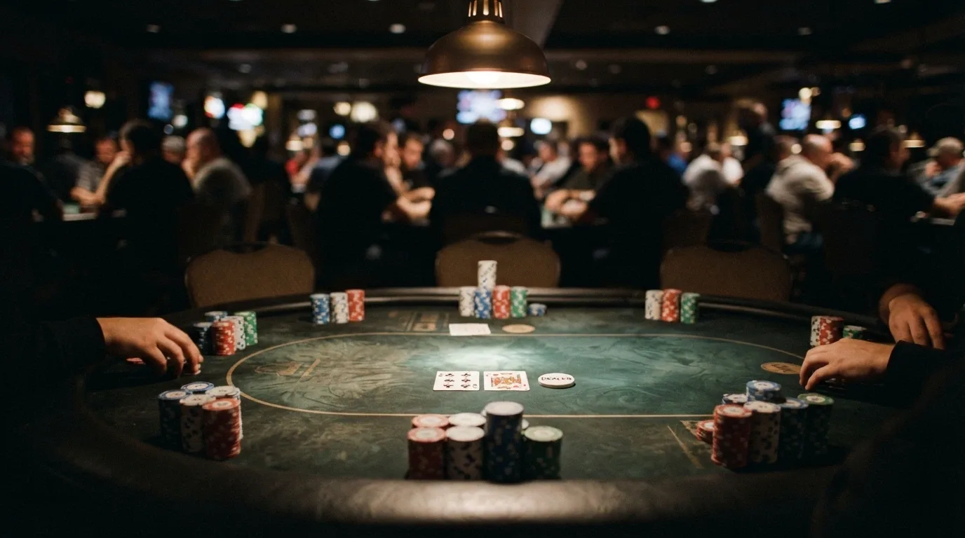 Sala de poker del Casino Barcelona con mesas, fichas y jugadores durante un torneo en vivo
