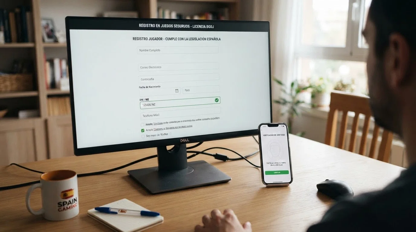 Pantalla de ordenador mostrando el formulario de registro de un casino online con el campo «DNI/NIE» y un icono de verificación junto a un móvil con un selfie