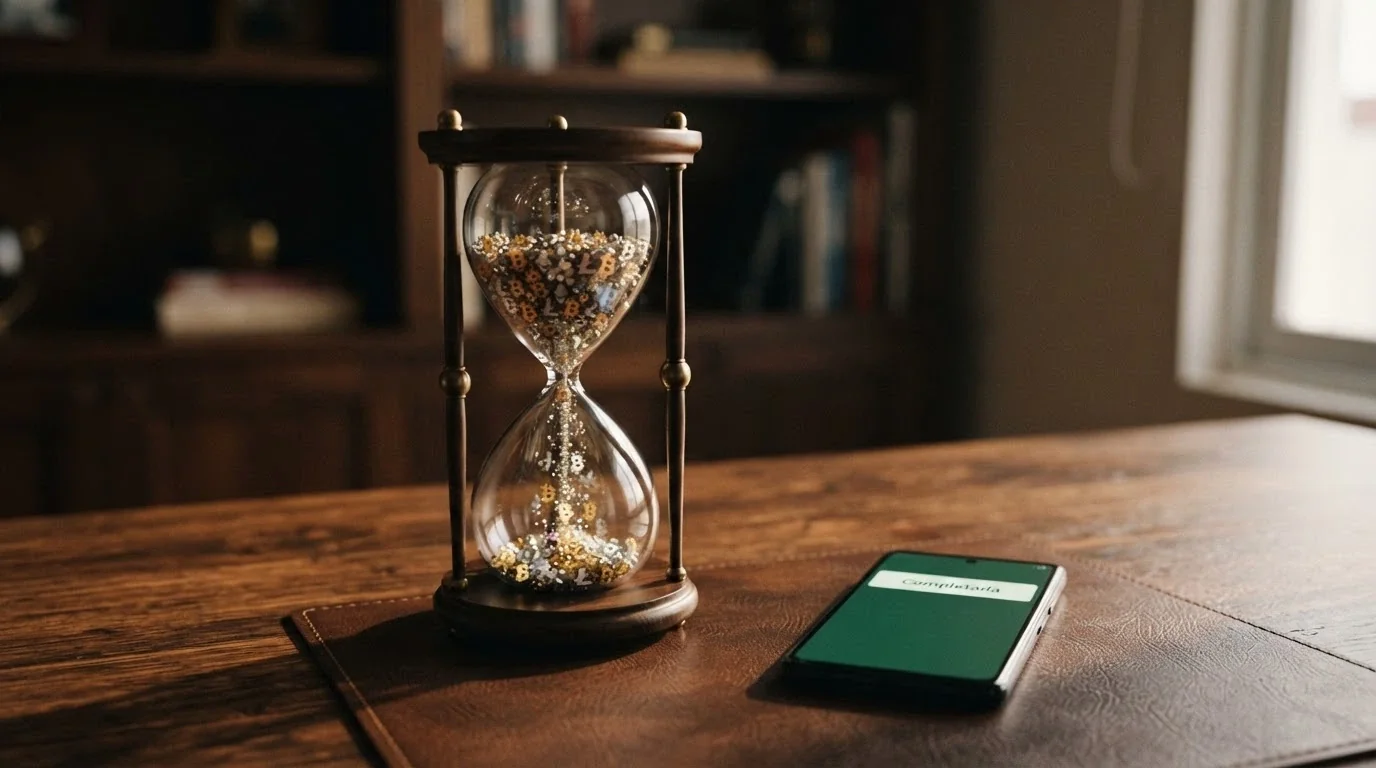 Reloj de arena con criptomonedas cayendo en lugar de arena y un móvil mostrando una notificación de retirada completada