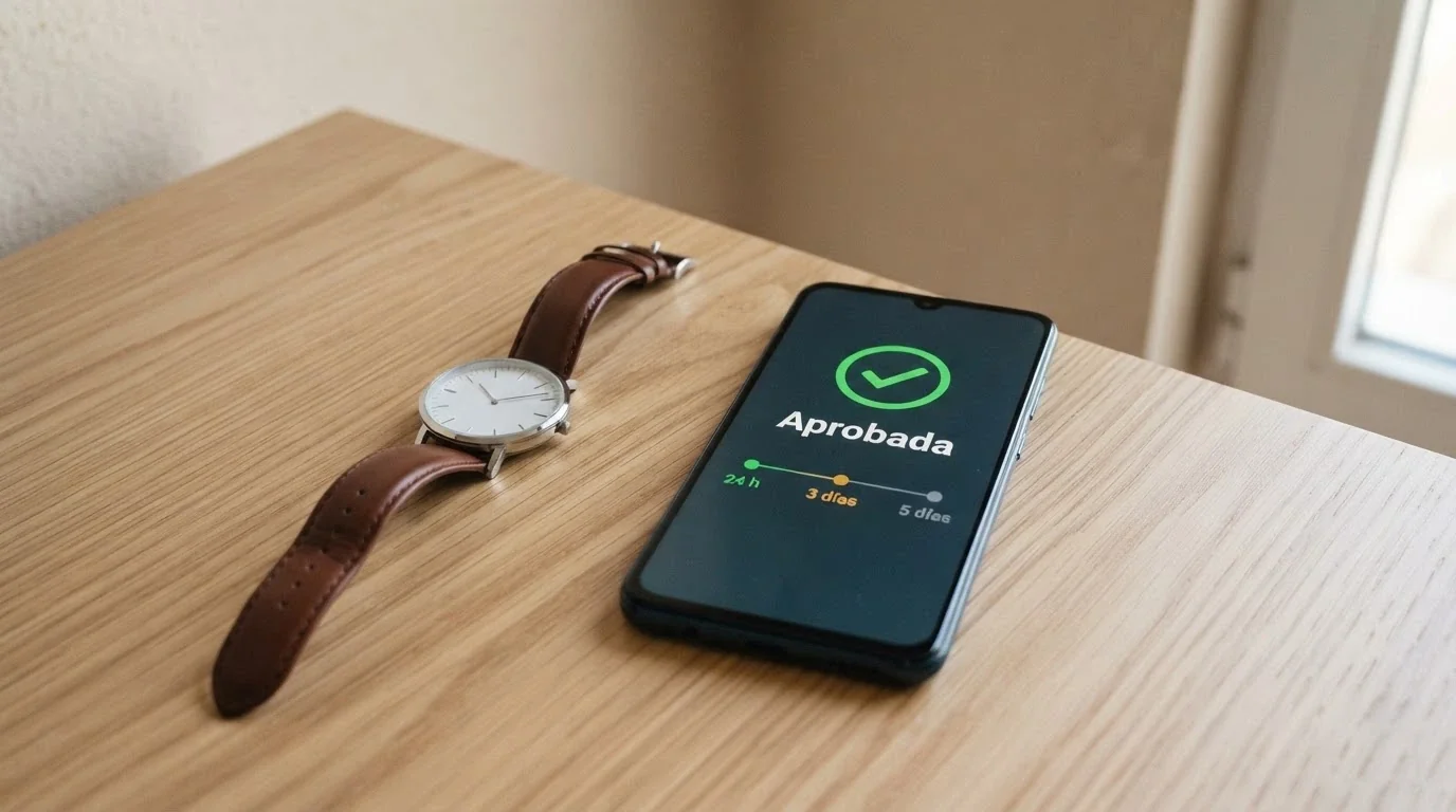 Pantalla dividida: un móvil con la notificación de retirada aprobada y un reloj marcando plazos de 24h, 3 días y 5 días