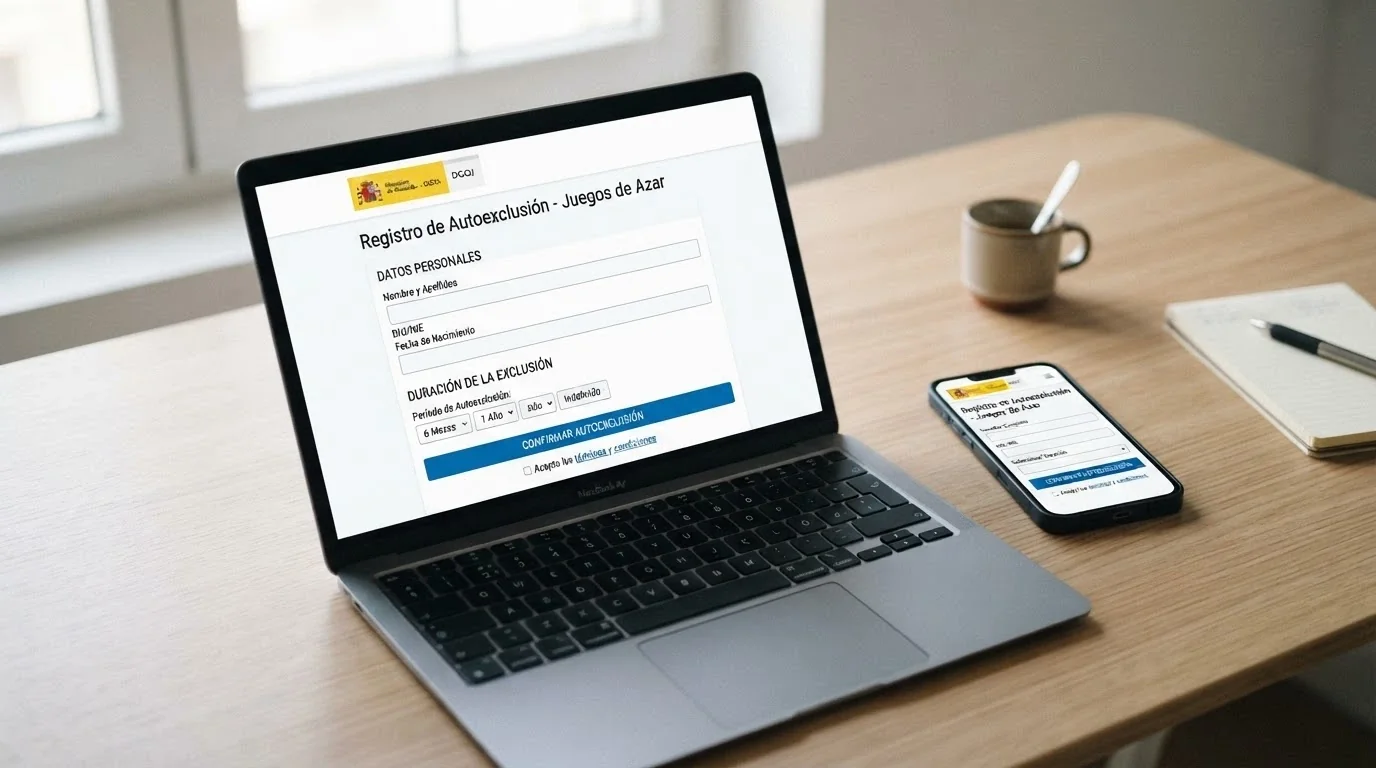 Pantalla del formulario de inscripción al RGIAJ en la sede electrónica de la DGOJ junto a un teléfono móvil