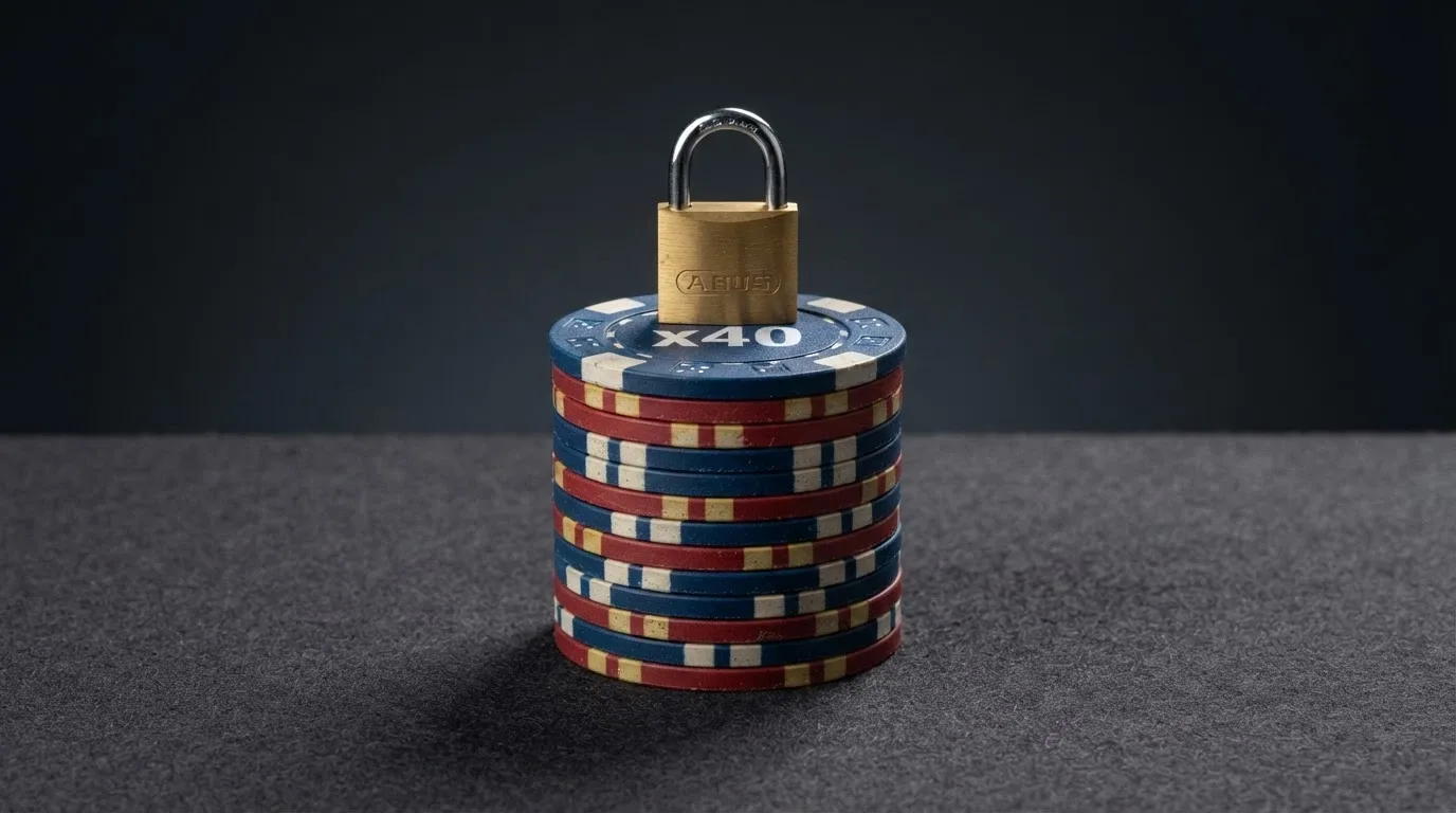Representación visual de una pila de fichas de casino con un candado y la cifra «x40» superpuesta, sobre fondo oscuro
