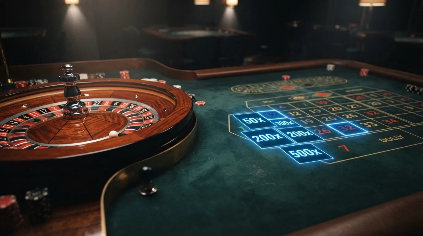 Mesa de ruleta en vivo de Evolution con la interfaz de Ruleta Relámpago y los multiplicadores en pantalla