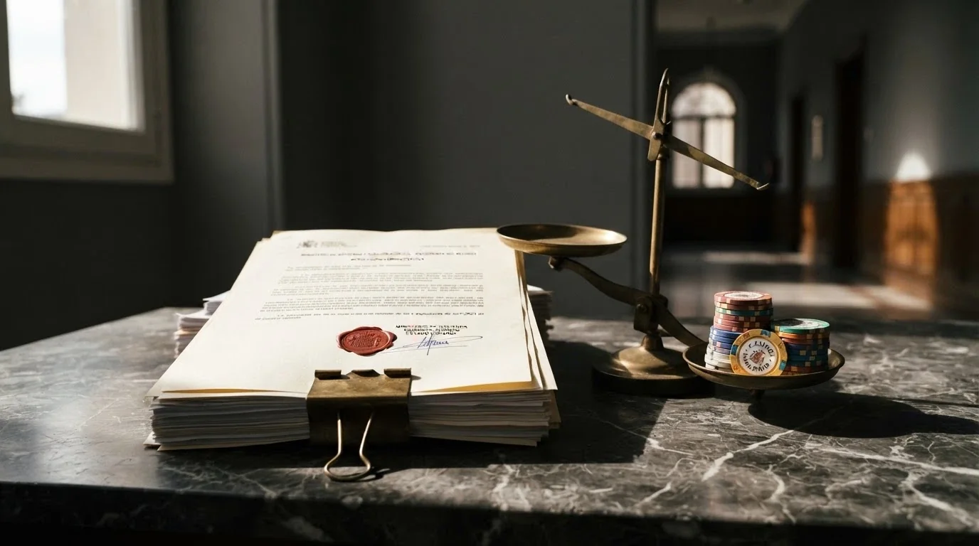 Fajo de documentos oficiales con el membrete de la DGOJ y un sello de «sanción», junto a una balanza desequilibrada con monedas de euro en un solo platillo