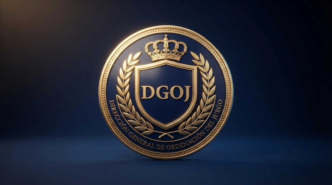 Sello de la DGOJ junto a la fachada de un casino online regulado español