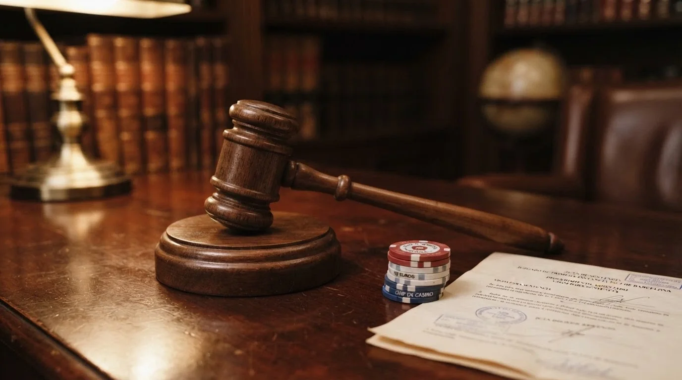 Un mazo de juez junto a unas fichas de casino y un documento con el sello del Tribunal Supremo, todo sobre una mesa de madera noble