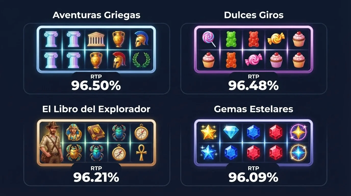 Las portadas de Book of Dead, Starburst, Gates of Olympus y Sweet Bonanza dispuestas en una cuadrícula con sus porcentajes de RTP